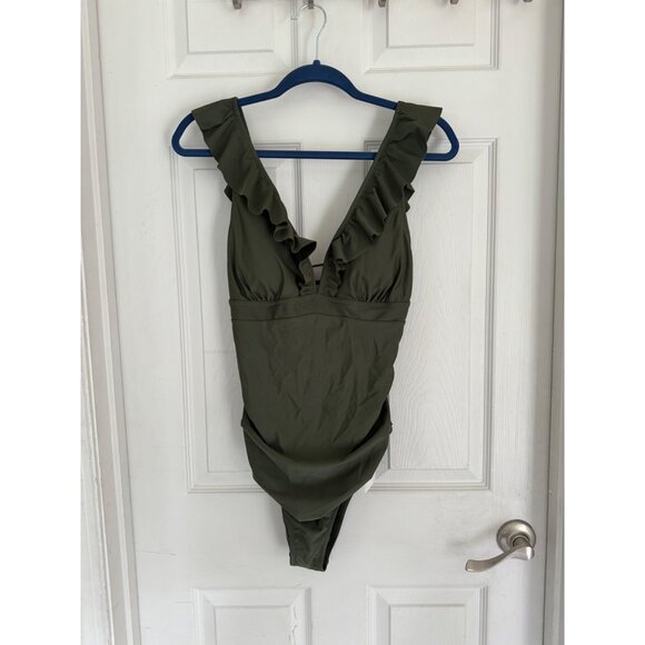 Cupshe Green One Piece Swimsuit Ruffle Vneck Ruched Back Cutout Cheeky NEW XL - Picture 12 of 12